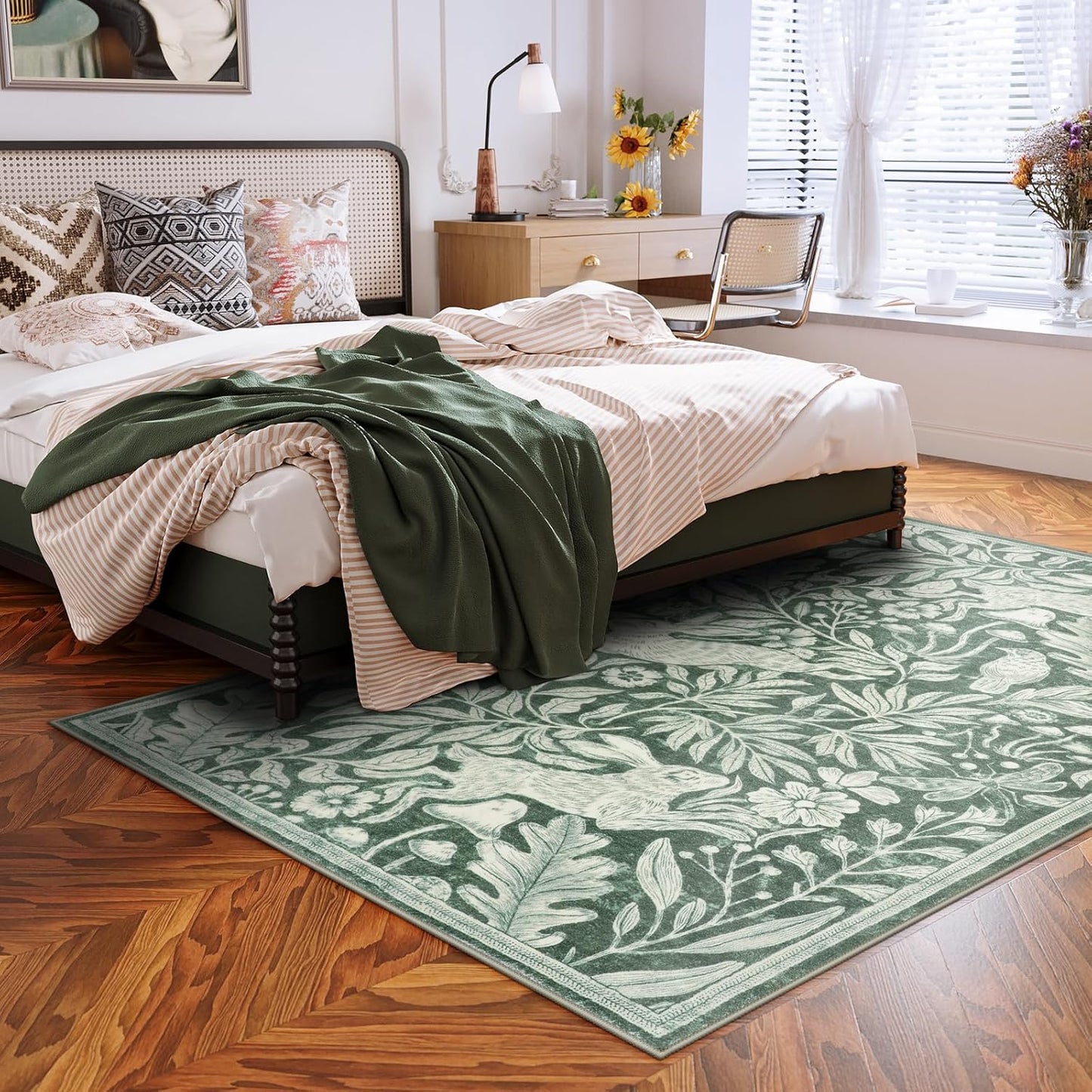 Rabbit 5X7 Washable Rugs for Living Room, Animal Soft Rugs for Dining Room, Whimsical Forest Woodland Print Green Carpet for Bedroom, Nature Non Shedding Non Slip Carpets Accent Rug