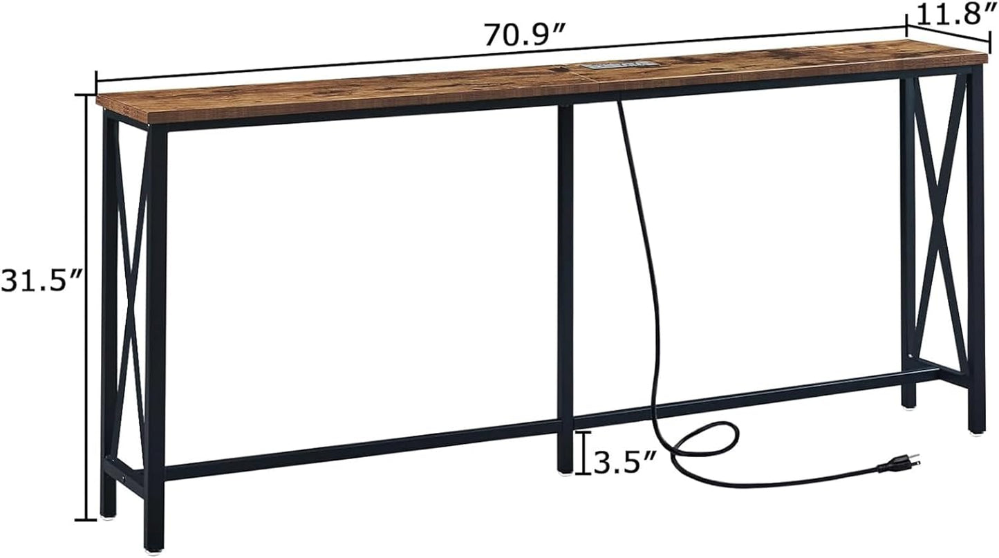 70-Inch Console Table with Power Outlets and USB-C Port, Extra Long Sofa Table with X-Shaped Design, Slim Profile for Entryway and Living Room, Metal Frame and Rustic Brown Wooden Top