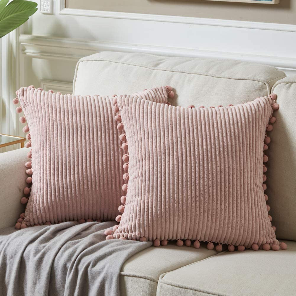 Pack of 2 Decorative Throw Pillow Covers with Pom-Poms, Soft Corduroy Solid Square Cushion Case Pillow Cases Set for Couch Sofa Bedroom Car Living Room (18X18 Inch/45X45 Cm, Blush Pink)