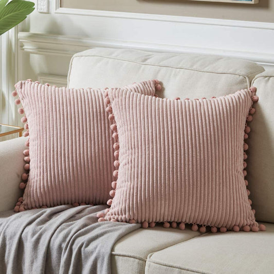 Pack of 2 Decorative Throw Pillow Covers with Pom-Poms, Soft Corduroy Solid Square Cushion Case Pillow Cases Set for Couch Sofa Bedroom Car Living Room (18X18 Inch/45X45 Cm, Blush Pink)