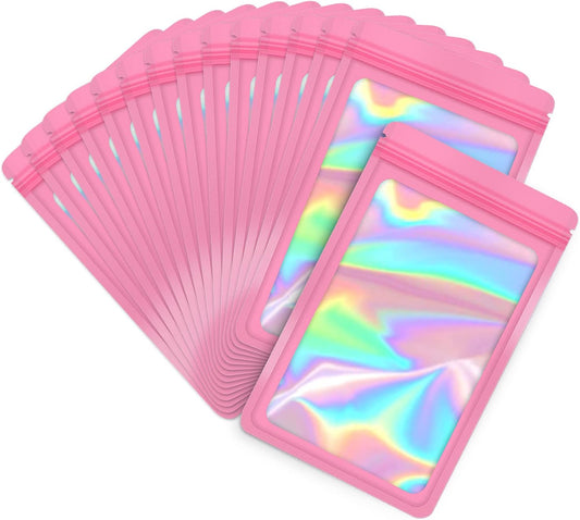 100-Pack 2×2 Inch Mylar Bags with Clear Window Holographic Resealable Sealable Packaging Zip Bag for Small Bussiness Jewelry Candy Sample Food Packing Supplies (Pink)