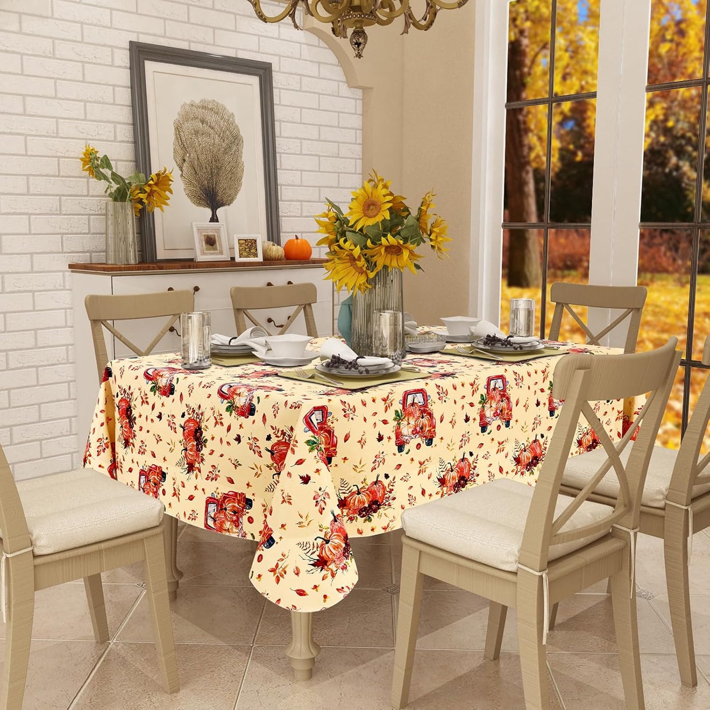 Rectangle Waterproof Vinyl Table Cloth, Wipeable Tablecloth with Flannel Backing, Plastic Table Cover for Fall, Thanksgiving (Pumpkin Truck, 60" X 84")