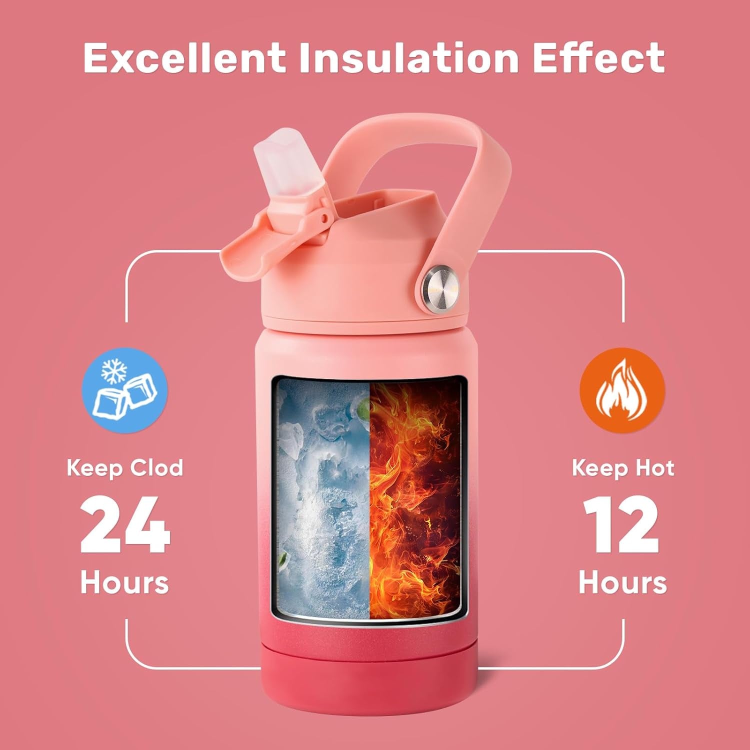 12 Oz Water Bottle, Kids Water Bottles for School, Toddler Cup with Straw & Handle, 304 Stainless Steel Insulated Water Bottle, Non-Slip Silicone Base, BPA Free, Gradient Red