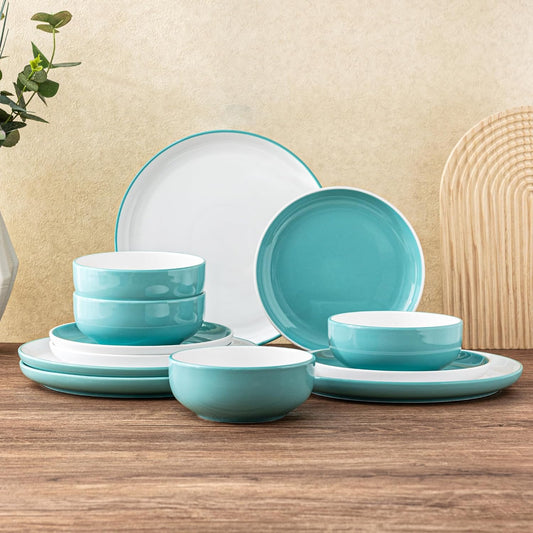 12-Piece Modern White Ceramic Dinnerware Set for Four, Scratch-Resistant Plates and Bowls, Oven Safe, Microwave and Dishwasher Compatible