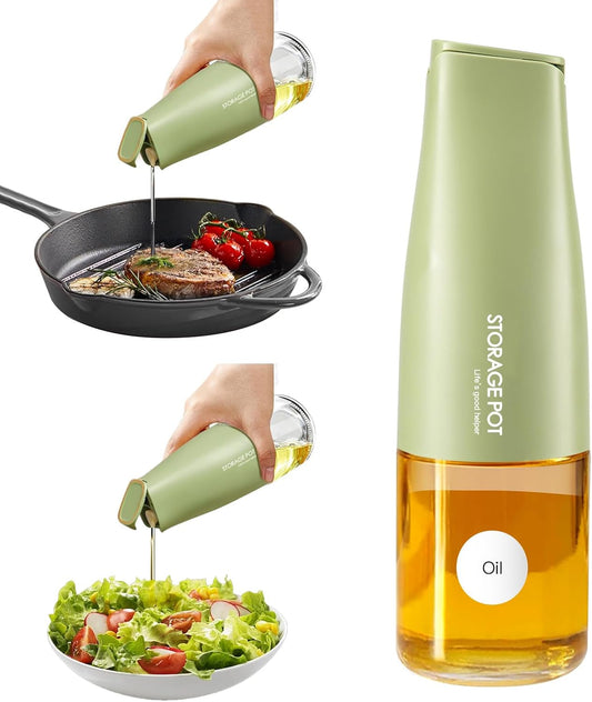 Large Capacity Olive Oil Dispenser - 500ml Glass Vinegar Drizzler, Leak-Proof Oil Bottle, Non-Drip Soy Sauce Dispenser with Pourer and Labels (Green)