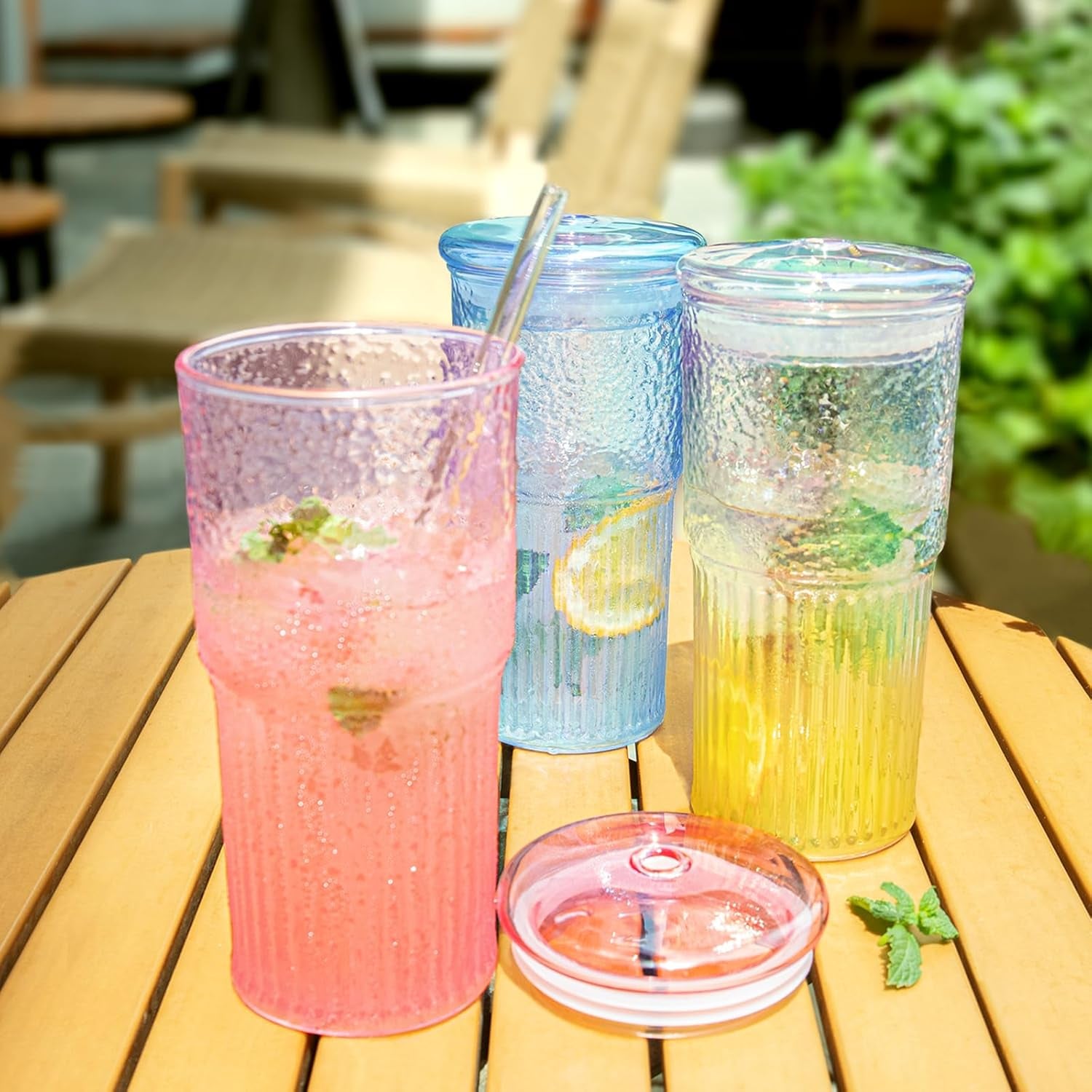 20Oz Glass Cups with Lids and Straws, 2 Pack High Borosilicate Iced Coffee Cups Drinking Glasses Tumbler for Smoothie, Water, Tea, Juice Drinks, Rainbow