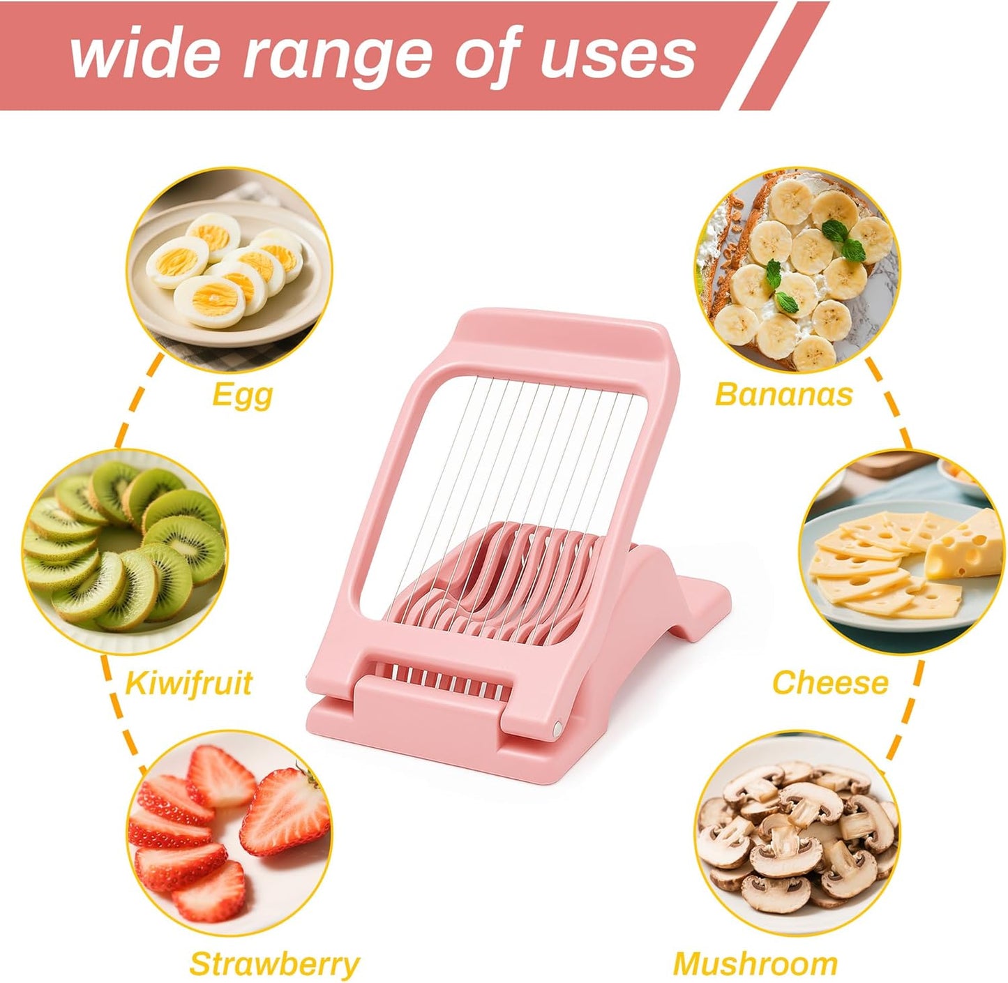 2PCS Pink Egg Slicer for Hard Boiled Eggs,Strawberry Kiwi Heavy Duty Stainless Steel Wire Fruit Cutter,Tomato Mushroom Salad Chopper for Home Use Egg Peeler Tool