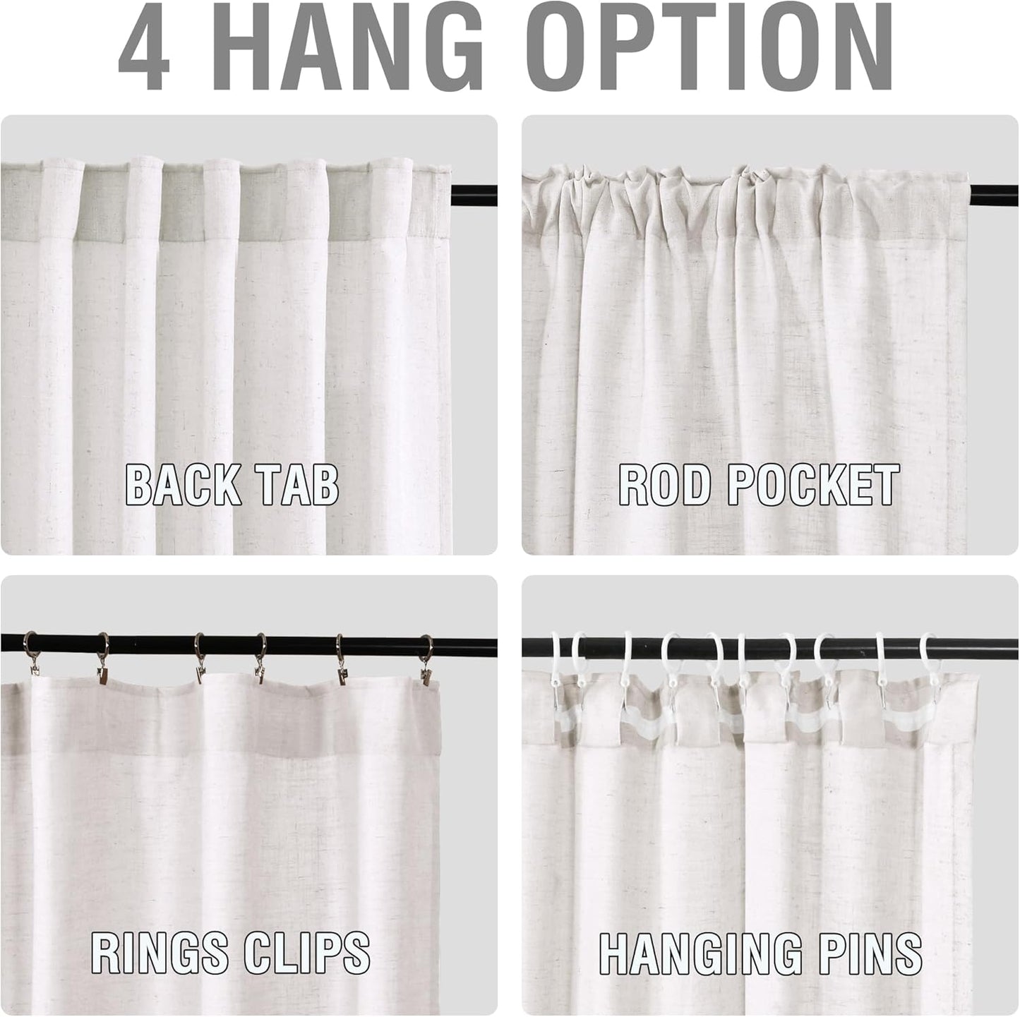 Linen Curtains 63 Inch Length 2 Panels Set, Semi Sheer Light Filtering Curtain Back Tab, Rod Pocket Pinch Pleated Farmhouse Drapes for Living Room, 52X63 Natural White with Brownish Linen