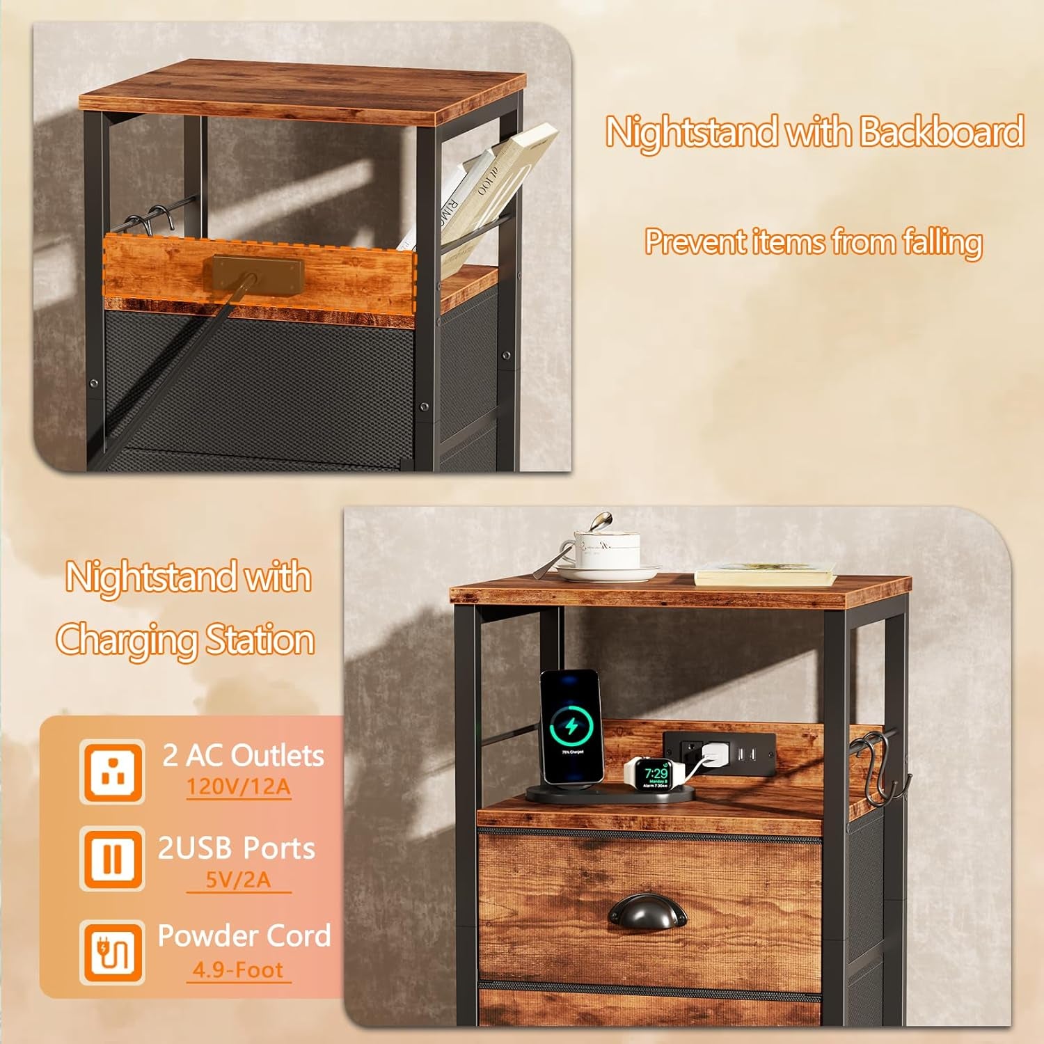 Nightstand Set of 2, Rustic Brown, with Charging Station and USB Ports, Side Tables with 2 Fabric Drawers, Bedside Tables with Storage Shelf & Hooks, for Living Room/Bedroom