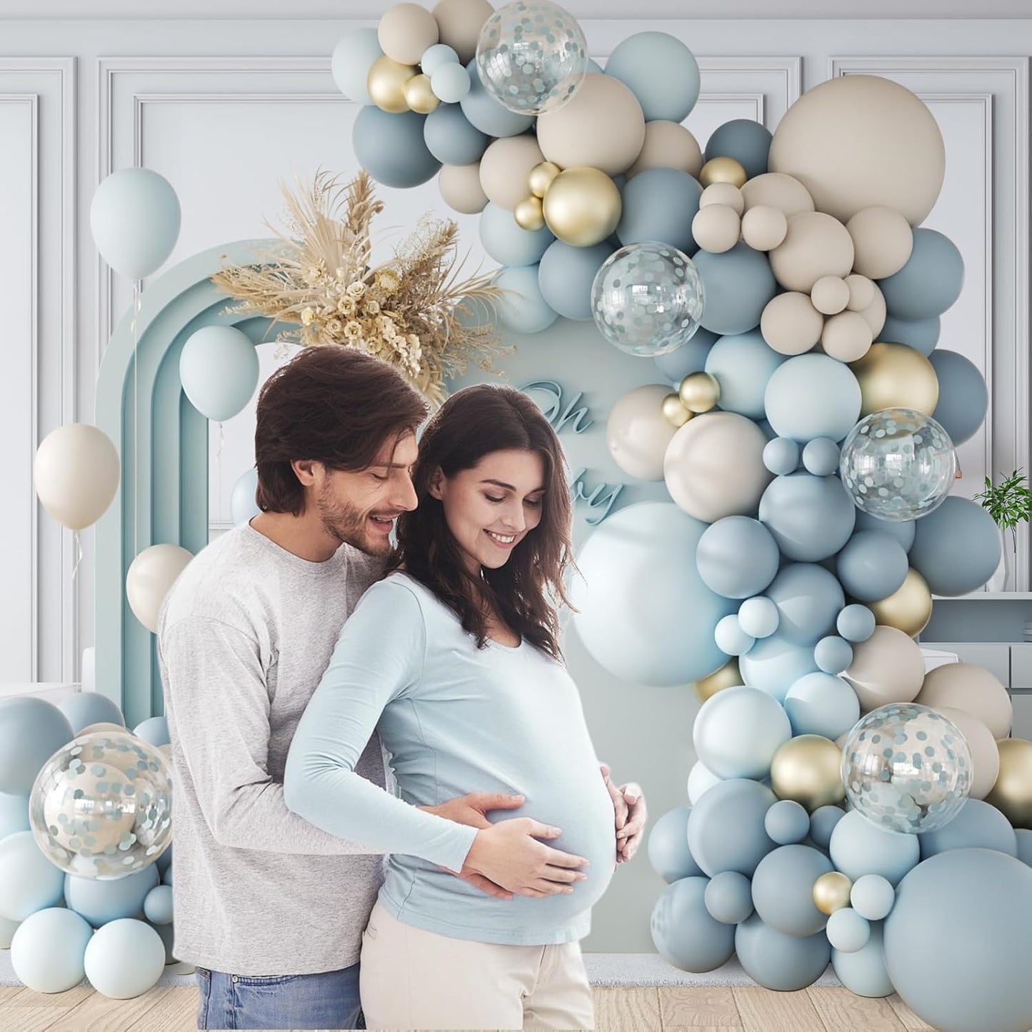 141Pcs Dusty Blue Balloons, Dusty Blue Balloon Arch Kit with Gold White Sand Pastel Blue Confetti Balloons for Gender Reveal Birthday Baby Shower Decorations