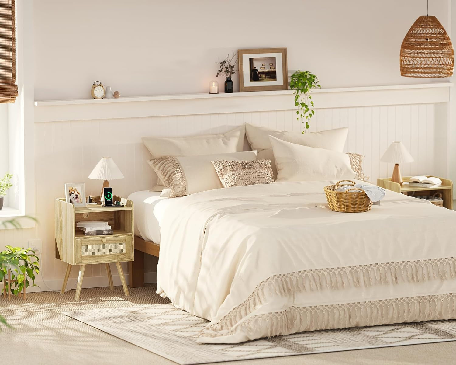 Set of 2 Nightstands with Charging Station and PE Rattan Decor Drawer, Solid Wood Feet, Suitable for Bedroom and Living Room - Natural Finish