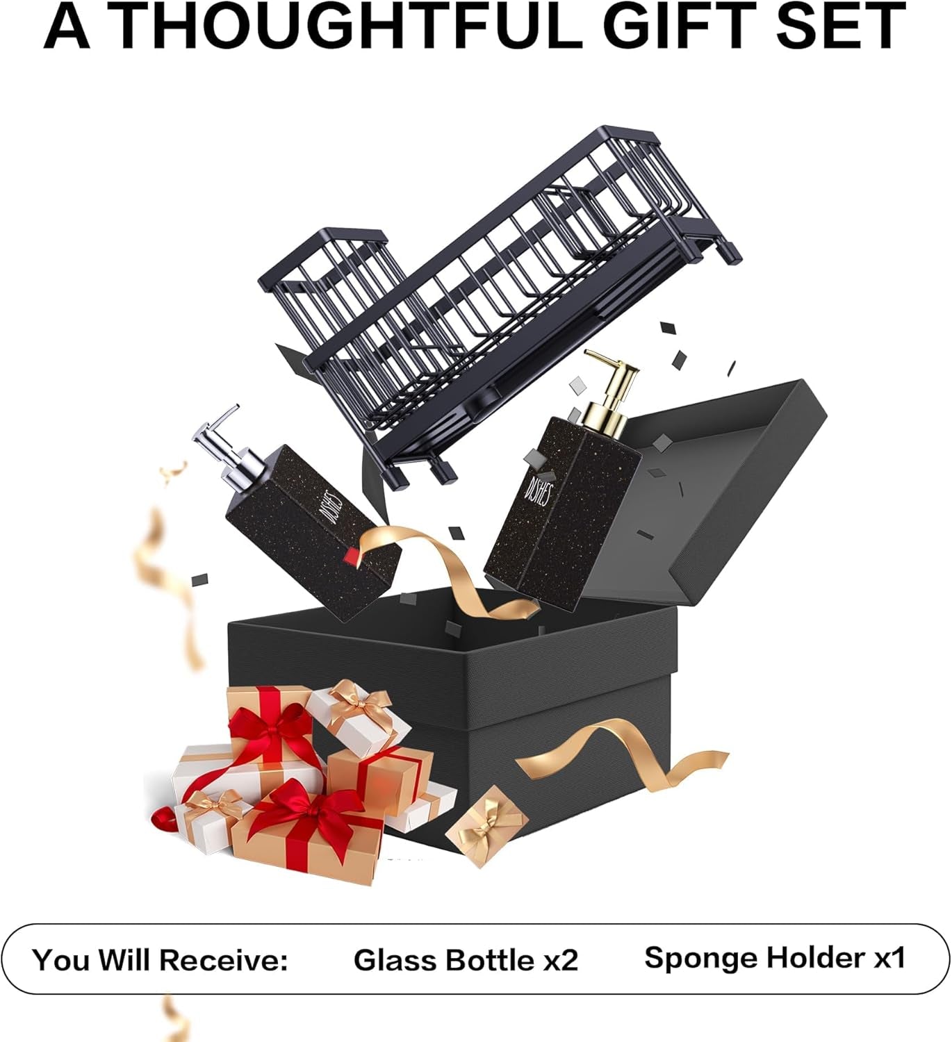 Kitchen Soap Dispenser Set with Sink Caddy, 12 Oz Glass Bottle, Hand and Dish Soap Dispenser Set with Sponge Holder (Black Sink Caddy + Black Bottle)