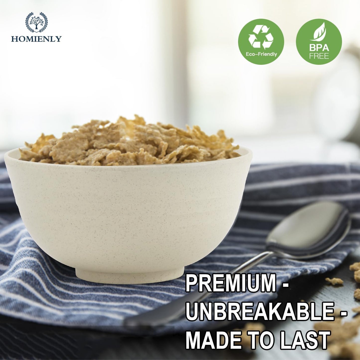Wheat Straw Bowls Set of 8 - Durable, Lightweight Cereal Bowls, Microwave and Dishwasher Safe for Versatile Kitchen and Camping Use (Beige, 26 OZ)