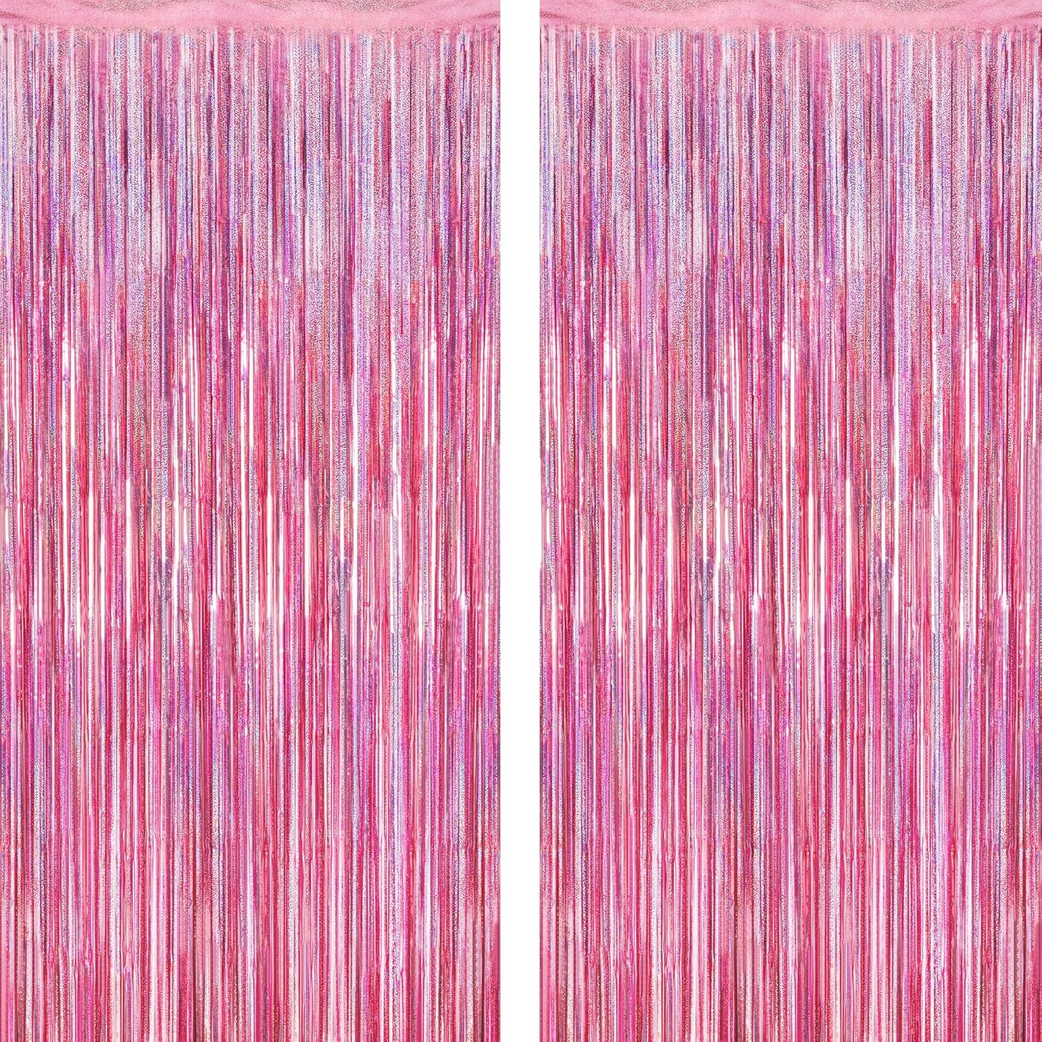 2 Pack Glitter Pink Backdrop, 3.28 FT X 7.05 FT Birthday Party Decorations, Laser Pink Fringe Curtains Foil Streamer Tinsel, Pink Curtains Photo Backdrop Happy Birthday Backdrop