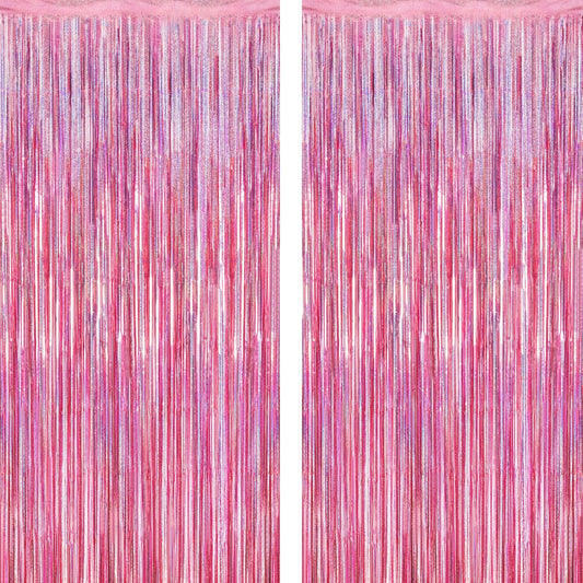 2 Pack Glitter Pink Backdrop, 3.28 FT X 7.05 FT Birthday Party Decorations, Laser Pink Fringe Curtains Foil Streamer Tinsel, Pink Curtains Photo Backdrop Happy Birthday Backdrop