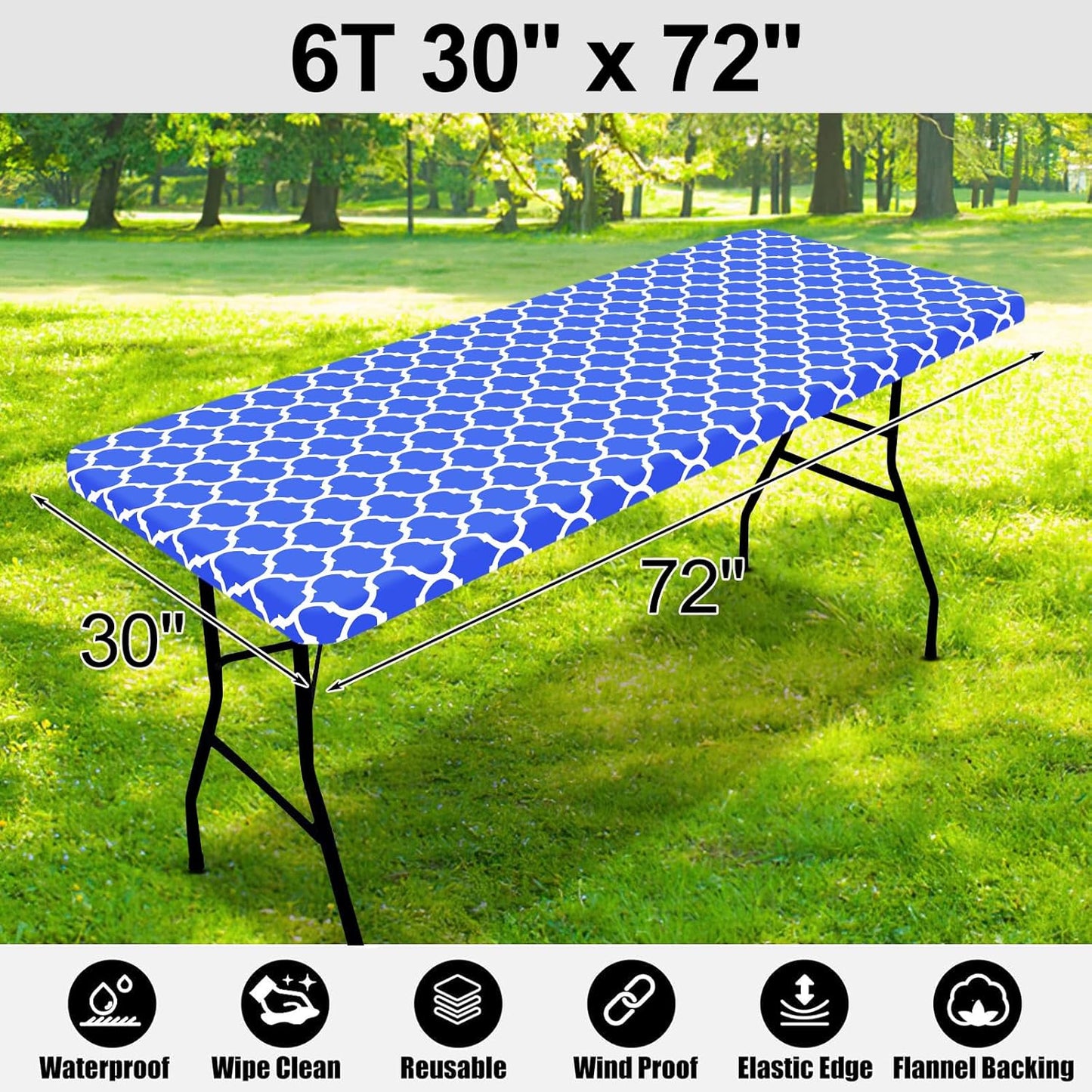 Waterproof Elastic Fitted Rectangle Picnic Table Cover for 6-Foot Tables, Wipeable Flannel-Backed Vinyl Protector for Indoor and Outdoor Use (Blue, 30x72 Inches)