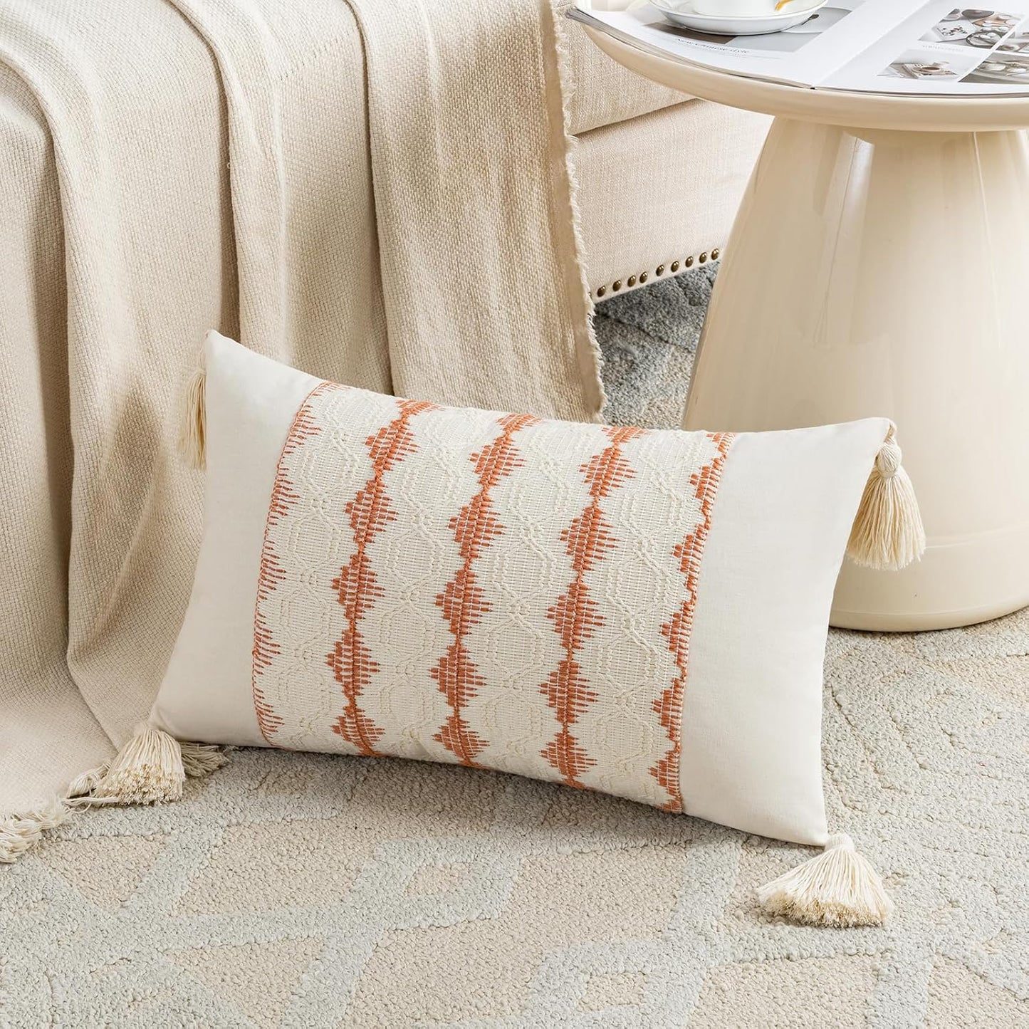 Set of 2 Boho Coral Lumbar Decorative Throw Pillow Cover 12X20 Inch for Couch Bed Sofa Chair, Modern Organic Farmhouse Home Decor, Cotton Cute Accent Rectangle Cushion Case with Tassels