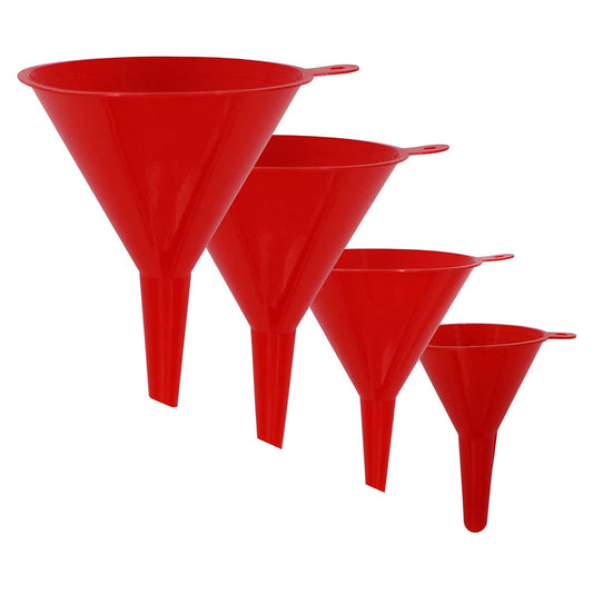 4-Piece Versatile Plastic Funnel Set for Kitchen and Automotive Use - Includes Mini, Small, Medium, and Large Funnels for Bottling, Canning, Cooking, Laboratory, and Oil Applications (Red)