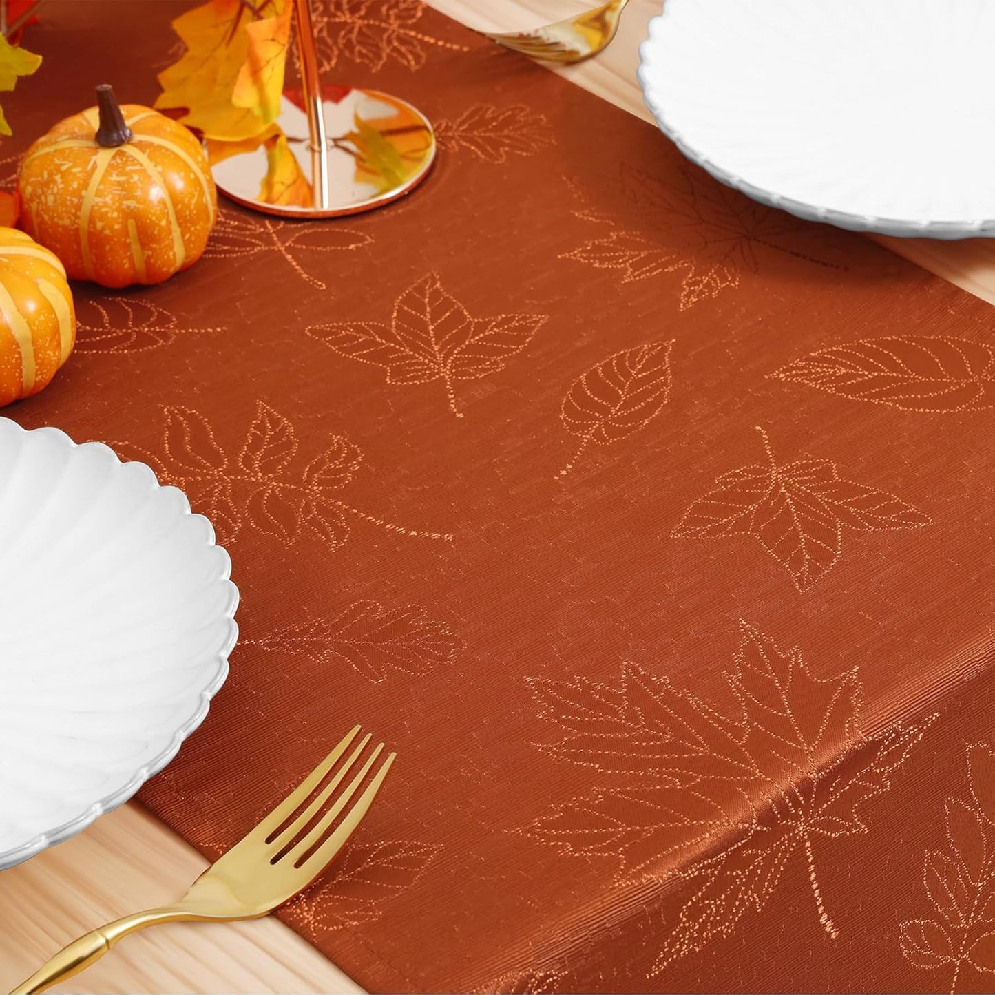 Fall Table Runner - 13X72 Inch Autumn Leaves Damask for Harvest Parties and Thanksgiving Dinner, Rust