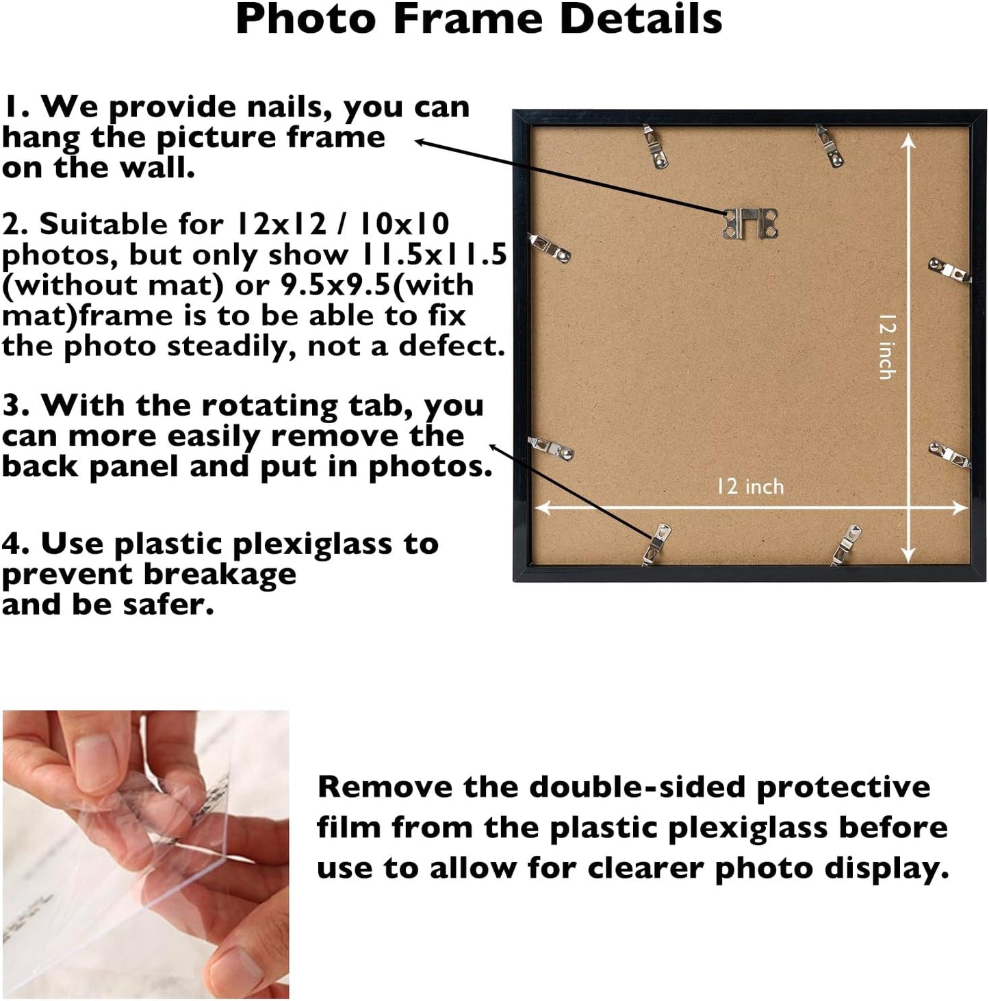 12X12 Picture Frame with Mat for 30 X 30Cm Diamond Art Painting, Display Photo 10X10 or 12 X 12 without Mat, Wall Hanging Large Frame with Plexiglass, Black