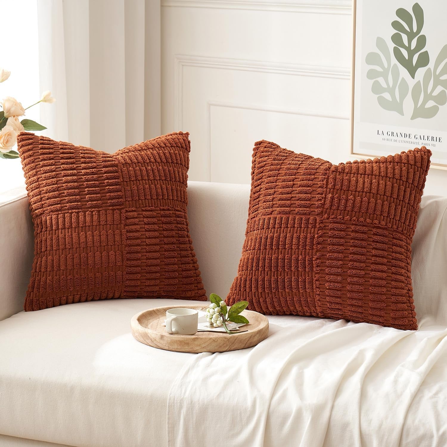 Fall Set of 2 Dark Rust Decorative Pillow Covers 18X18 Inch Textured Striped Patchwork Accents Farmhouse Boho Soft Corduroy Couch Pillows for Sofa Living Room Bed Home Decor