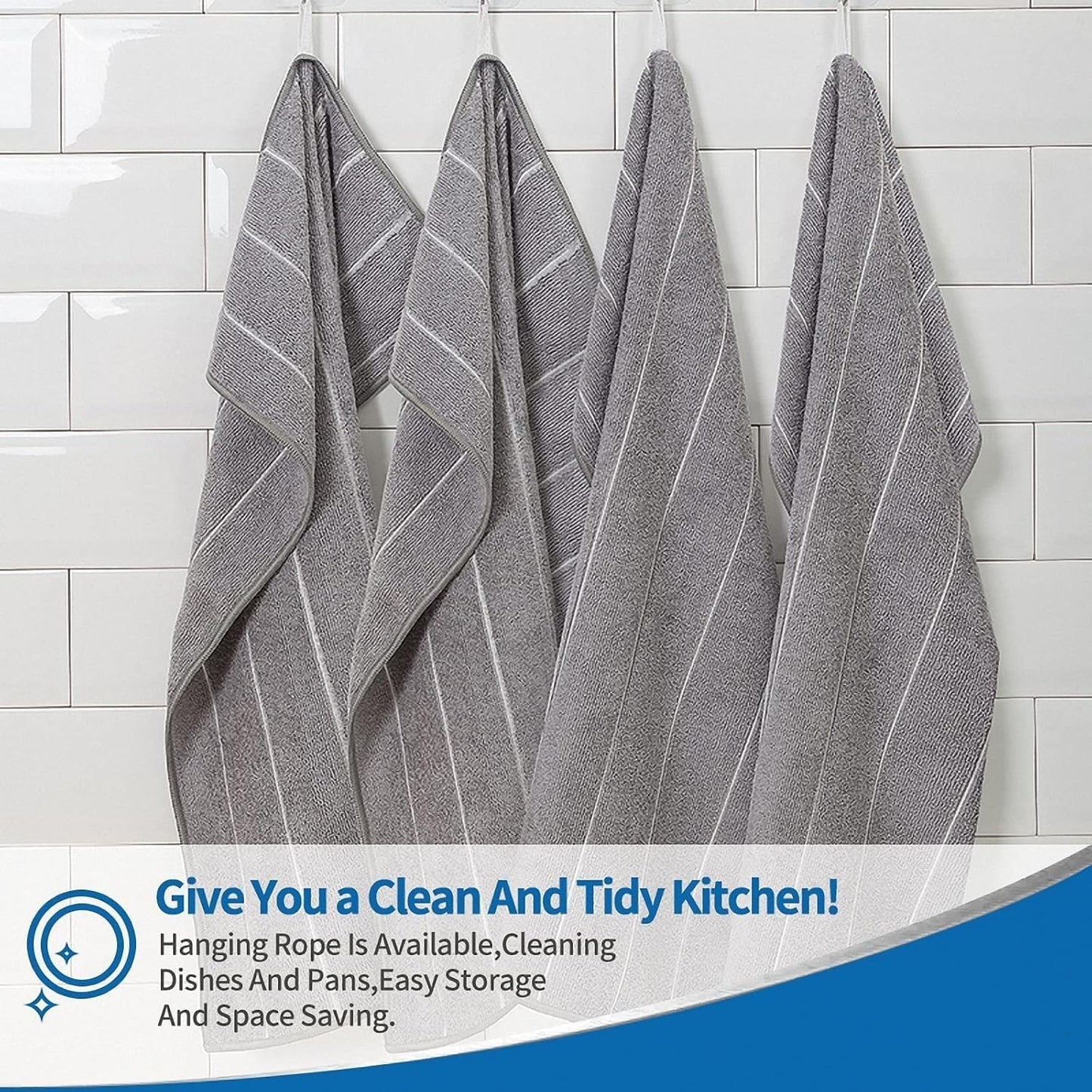 Microfiber Kitchen Towels - Super Absorbent, Soft and Thick Dish Towels, 8 Pack (Stripe Designed Grey Colors), 26 X 18 Inch