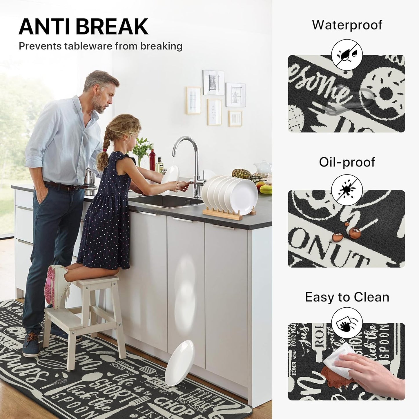 anti Fatigue Kitchen Mats for Floor, Non Slip Washable Kitchen Rules Theme Rugs Sets of 2, Farmhouse Cushioned Waterproof Comfort Runner Rug for Kitchen, Sink, Laundry, 17"X 47"+17"X 30", Black