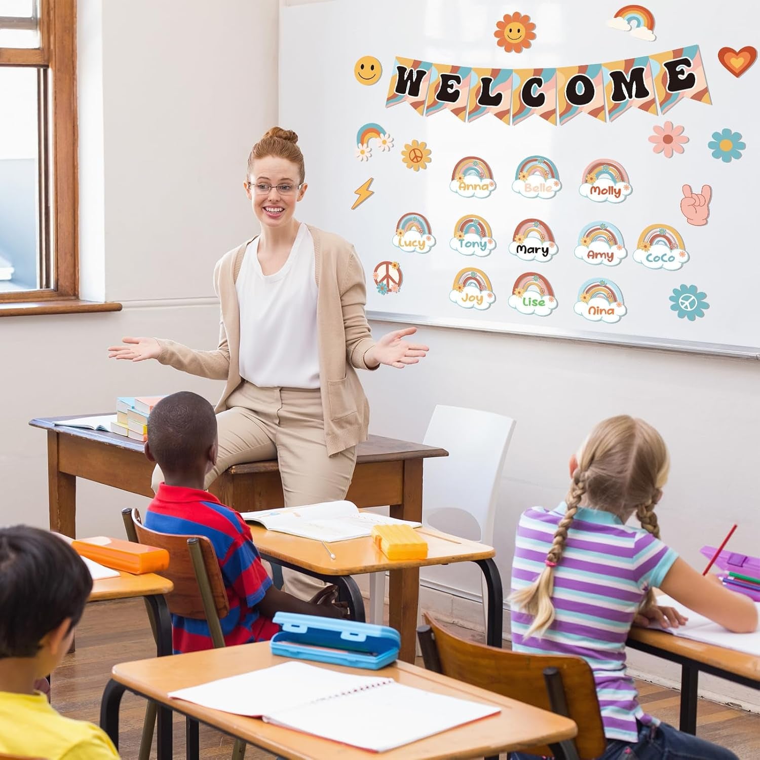 61Pcs Retro Welcome Back to School Bulletin Board Welcome Poster Banner Groovy Rainbow Theme Welcome Sign Decor with Glue Point for First Day of Kindergarten Preschool Classroom Decorations