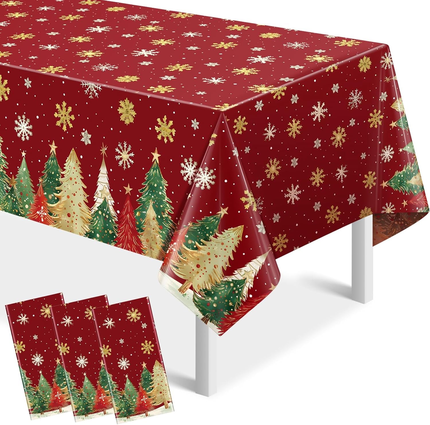 3Pcs Christmas Disposable Tablecloths Rectangle,Christmas Trees Red Plastic Table Cloth,Waterproof Winter Snowflakes Table Cover for Xmas Holiday Home Dinner Party Decorations,54 X 108 Inch