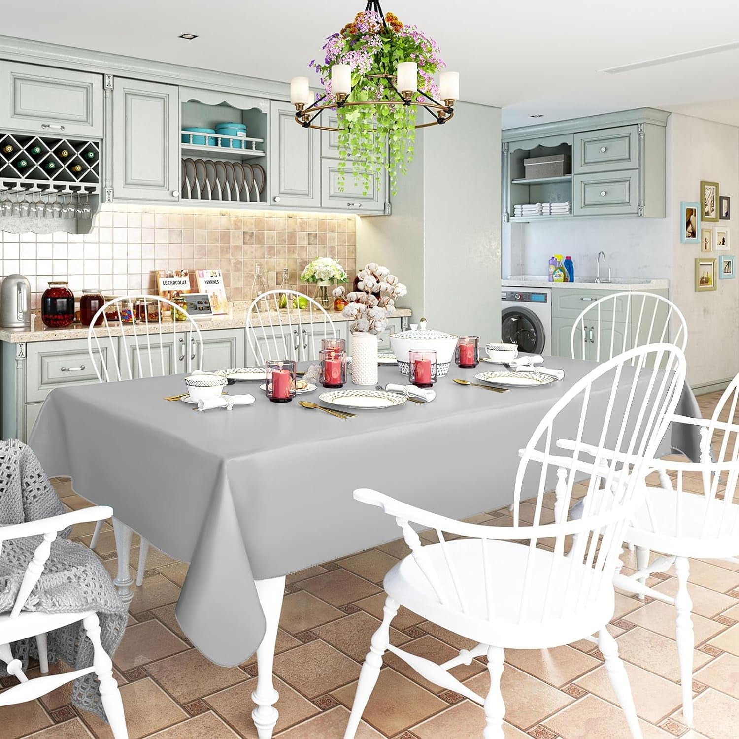 Rectangle Vinyl Tablecloth, Waterproof Spillproof Plastic Flannel Backed Table Cloth, Wipe Clean Table Cover for Dining, Buffet Parties and Camping (Light Grey, 54" X 78")