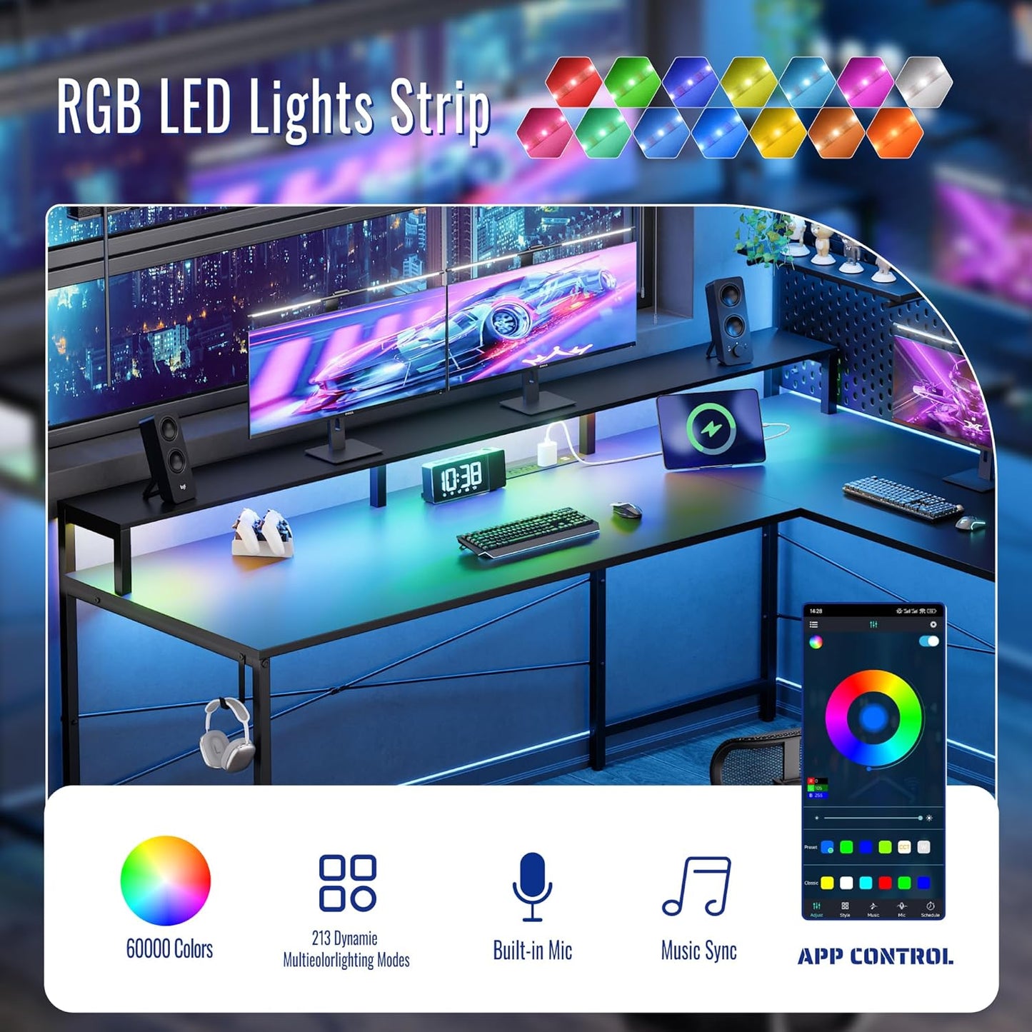 64 Inch L Shaped Gaming Desk with Power Outlets and Led Lights, Large Corner Computer Desk with Monitor Stand and Pegboard, PC Table for Home Office and Bedroom Pink