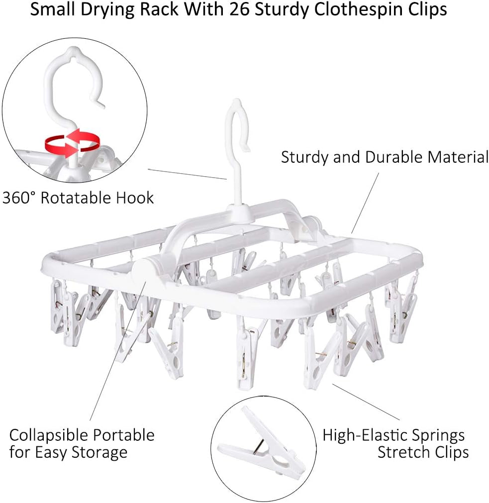 Foldable Clip Hangers with 26 Drying Clips, Underwear Hanger with Clips, Plastic Laundry Clip and Drip Drying Hanger for Socks, Bras, Lingerie, Clothes, Sturdy, White