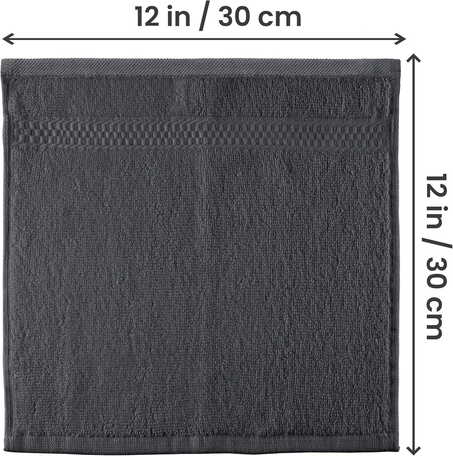 12 Pack Premium Wash Cloths Set, 12 by 12 Inches, 100% Cotton Ring Spun, Highly Absorbent and Soft Feel Essential Washcloths for Bathroom, Spa, Gym, and Face, Grey