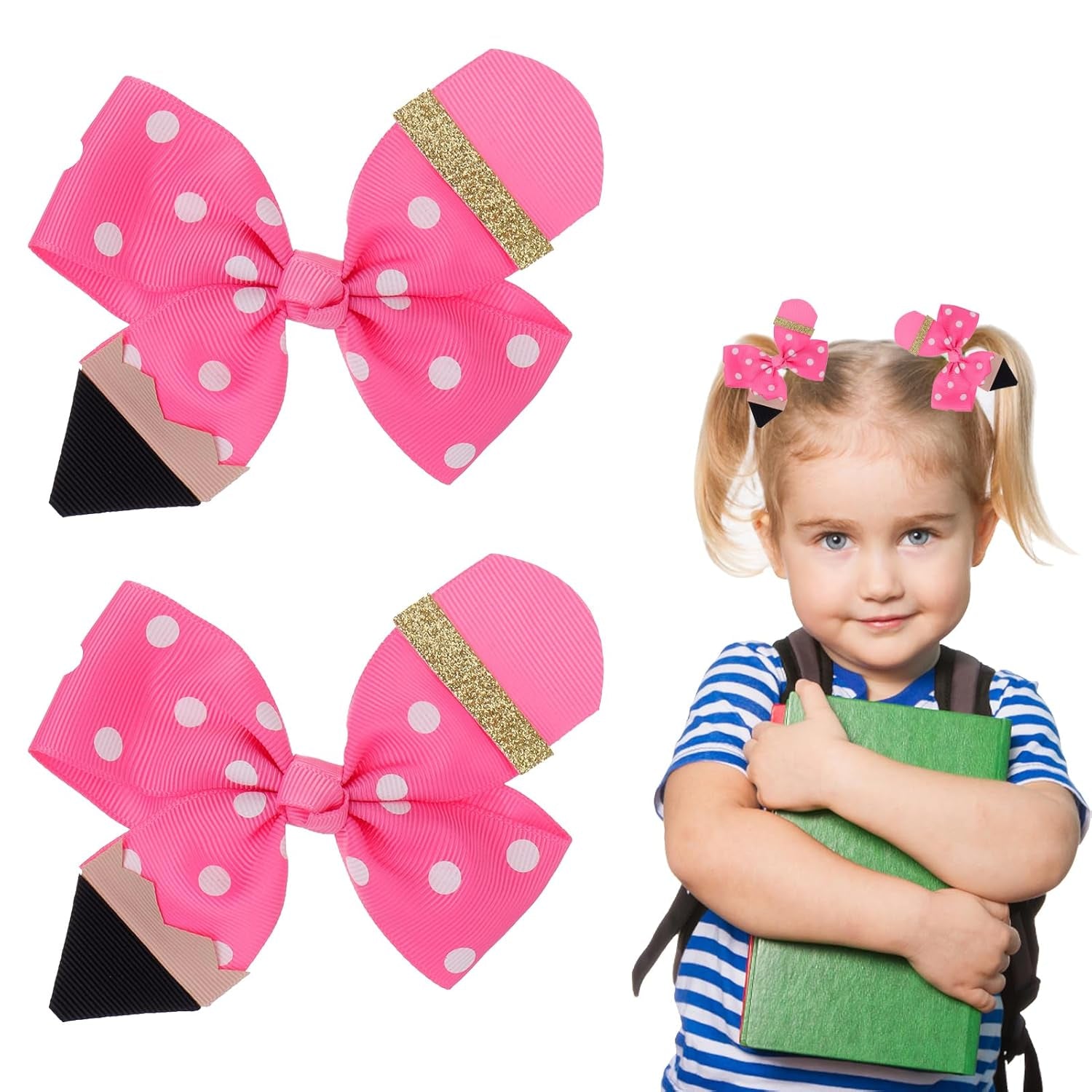 Back to School Hair Accessories - Funny Pencil Hair Clips and Cute Bows for Girls, First Day School Gift for Student Uniform Outfits (Pink)