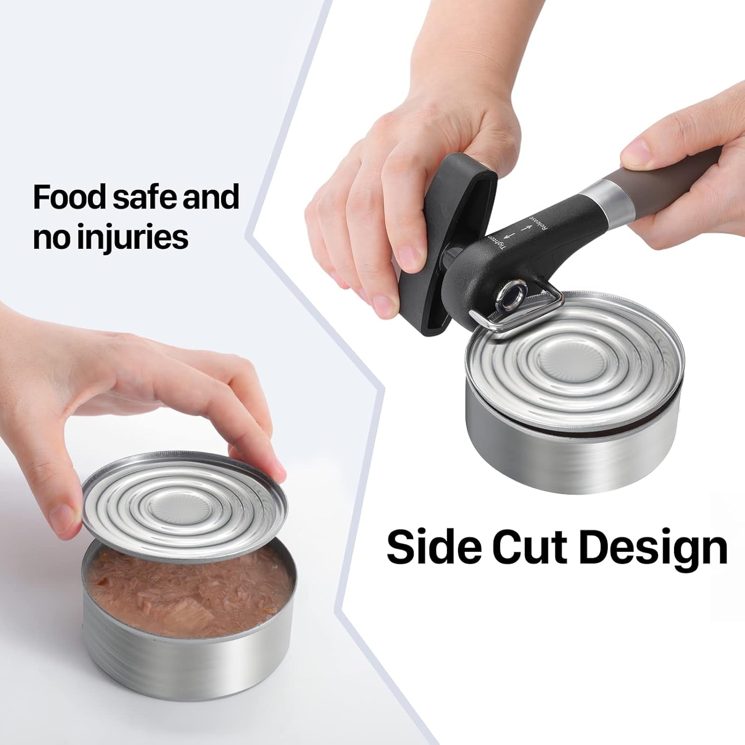 Can Opener, Manual Side Safe Cut Can Opener Smooth Edge with Durable Sharp Blade, Effort-Saving Knob & Comfortable Non-Slip Handle, Brown