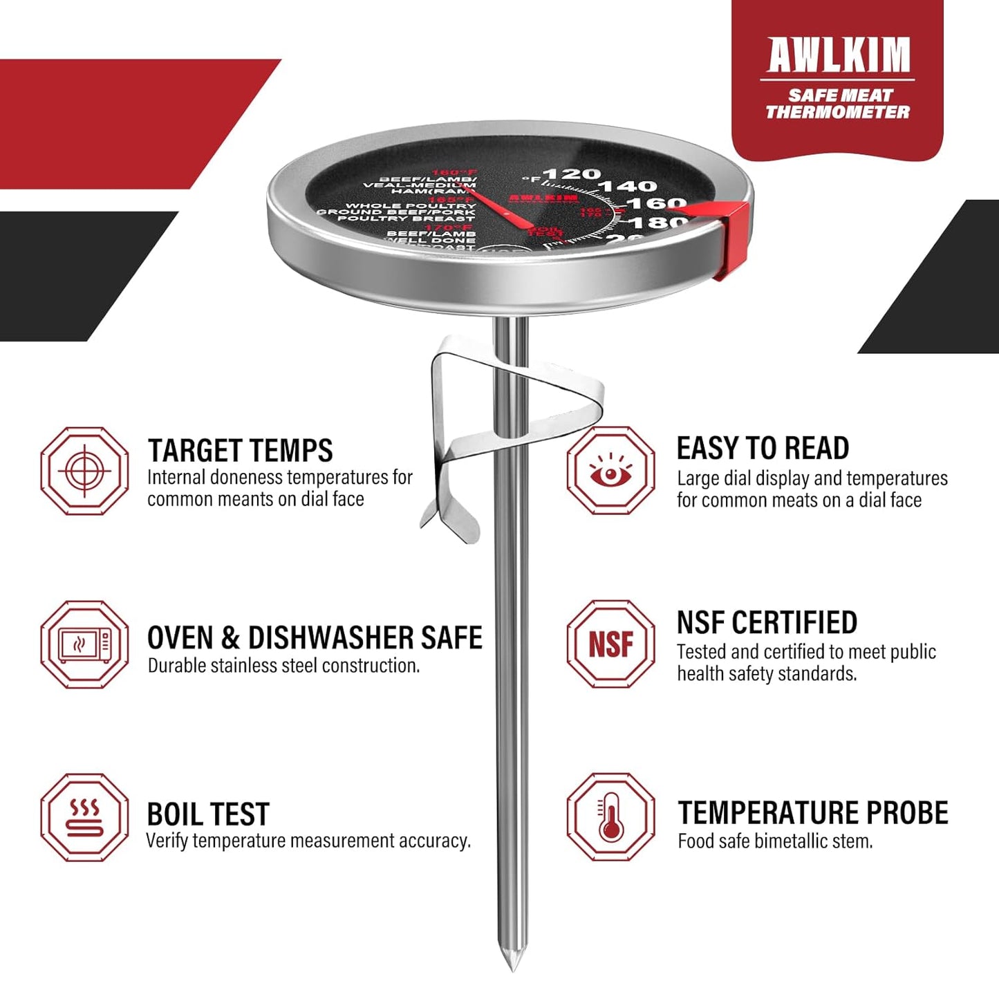 2 Pack Stainless Steel Meat Thermometer, Safe Leave in Oven, 2.5-In Extra-Large Dial Food Thermometer for Cooking, Temperature Probe for Baking, Steak, Turkey - Kitchen Gadgets - Black