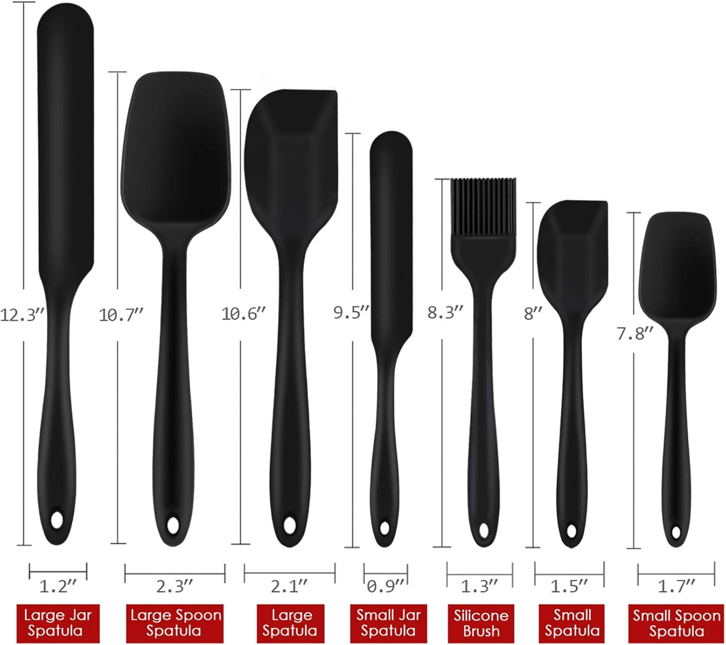 Silicone Spatula Set of 7, Heat-Resistant Rubber Spatulas Kitchen Utensils Set for Non-Stick Cooking Baking Mixing, Seamless & Flexible Design, Dishwasher Safe, Black