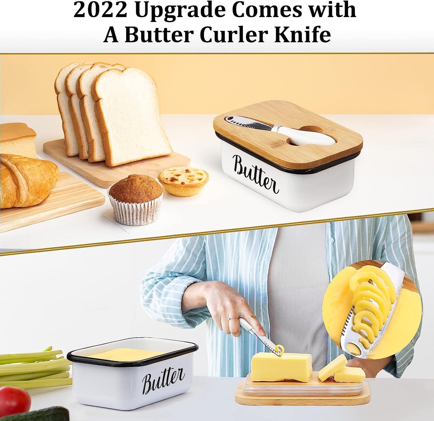 Butter Dish with Lid and Butter Curler Knife - Unbreakable Stainless Steel Keeper Container with Double Silicone Sealing, for Kitchen Farmhouse Decor