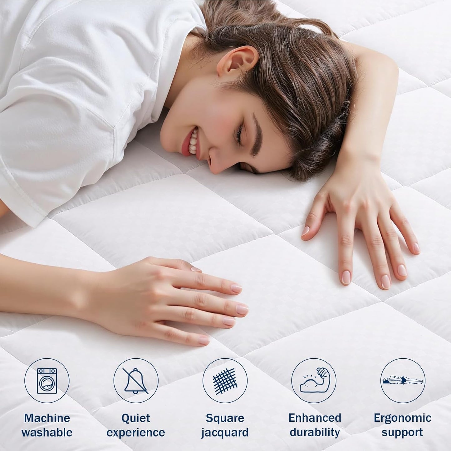 Queen Quilted Fitted Mattress Pad, Elastic Fitted Mattress Topper, Cooling Soft Mattress Cover Stretches up to 21 Inches Deep, Machine Washable Mattress Protector (60X80 Inch, White)