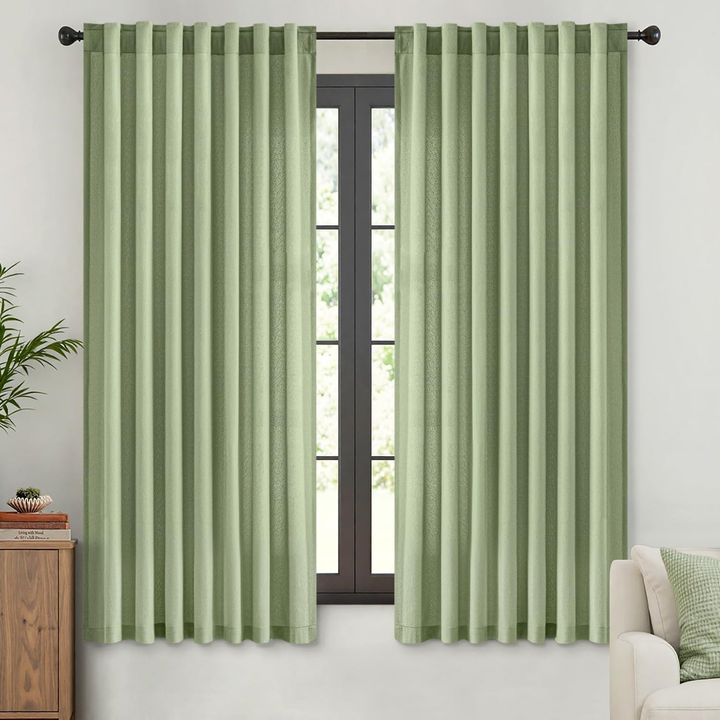 Sage Green Thermal Insulated Curtains 63 Inch Long 2 Panels Set for Summer Heat Blocking Non See through Privacy Thick Semi Sheer Light Filtering Back Tab Window Drapes for Bedroom Living Room