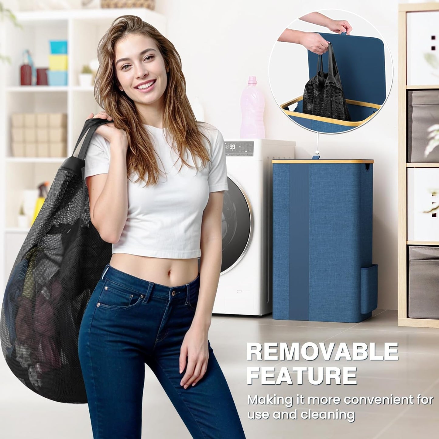 100L Laundry Basket with Lid and Removable Bag, Breathable Design Hamper with Handles for Bedroom, Bathroom, Dorm, and Laundry Room - Light Blue