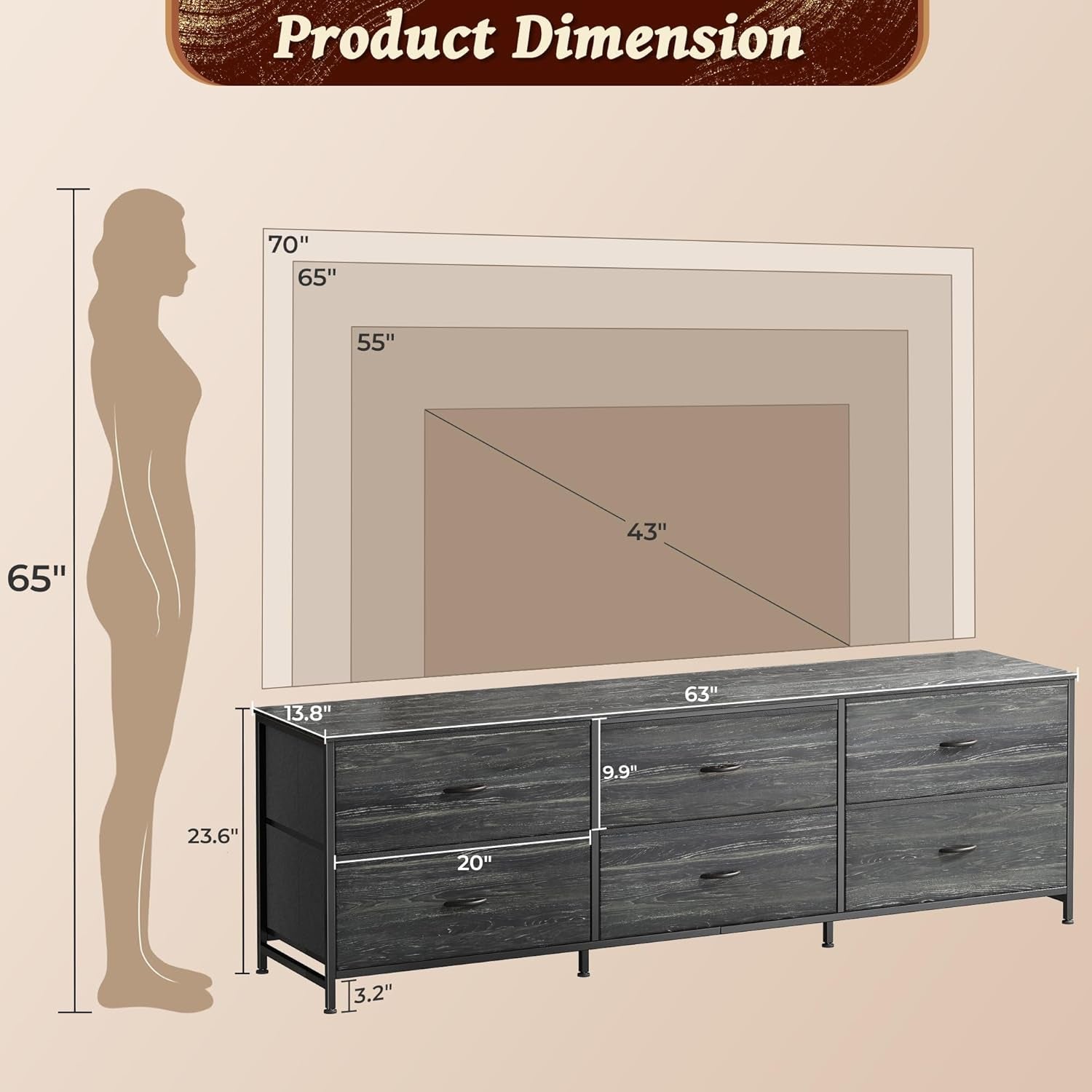 63-Inch Dresser and TV Stand for 55-70 Inch TVs, 6-Drawer Storage Organizer with Fabric Drawers, Charcoal Black Wood Grain Finish for Bedroom and Entryway