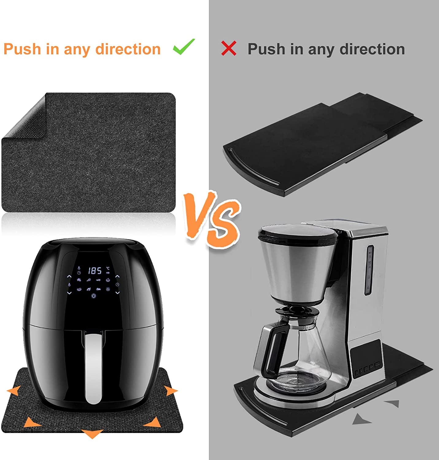 2 Pcs Heat Resistant Mat for Air Fryer, Coffee Maker, Toaster - Black Rectangular Felt & Silicone Countertop Protector with Sliding Function