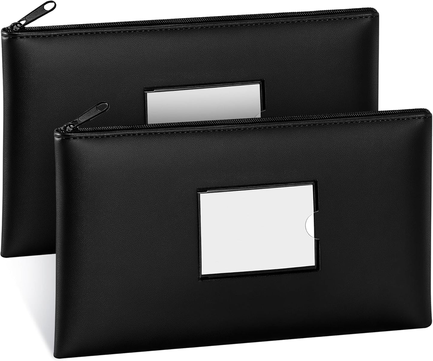 Money Bags with Zipper, 2-Pack Bank Bags with Label, Waterproof Leather Money Pouches, for Cash Coin Bill Invoice Deposit Receipt Storage and Organize, 11.5 X 6.2 Inches (Black)