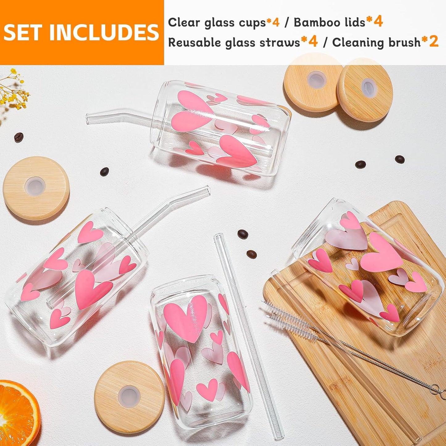 Glass Cups with Lids and Straws with Design Pink Hearts 4 Pcs,Clear Glass Cups 16 Oz-Glass Tumbler,Cute Glass Iced Coffee Cups with Lids and Straws
