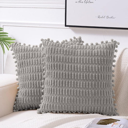 2 Packs Gray Farmhouse Decorative Throw Pillow Covers 18X18 Inch with Pom-Poms for Living Room Couch Bed Sofa, Rustic Boho Home Decor, Soft Striped Corduroy Square Cushion Case 45X45 Cm