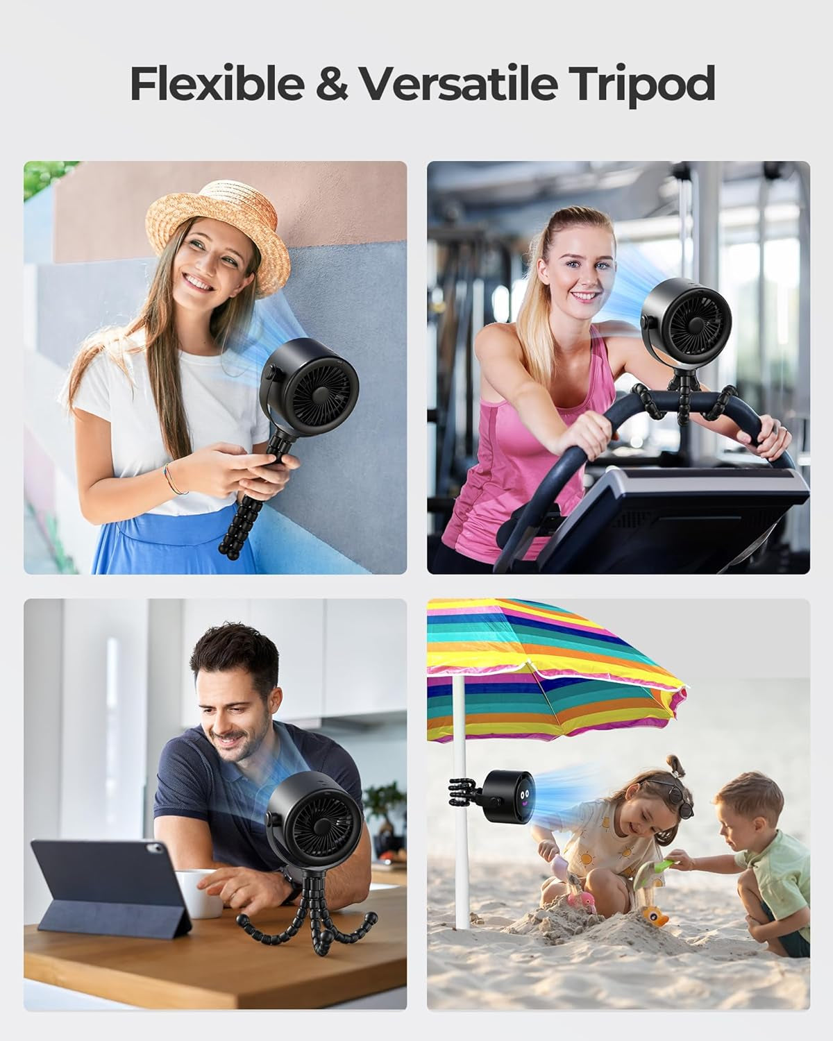 Portable Stroller Fan, Rechargeable Battery Operated, 5 Speeds with High-Speed Cooling, 17H Runtime, Digital Display, 360° Rotation, Ultra-Quiet, Flexible Tripod for Car Seats, Tents, Cribs