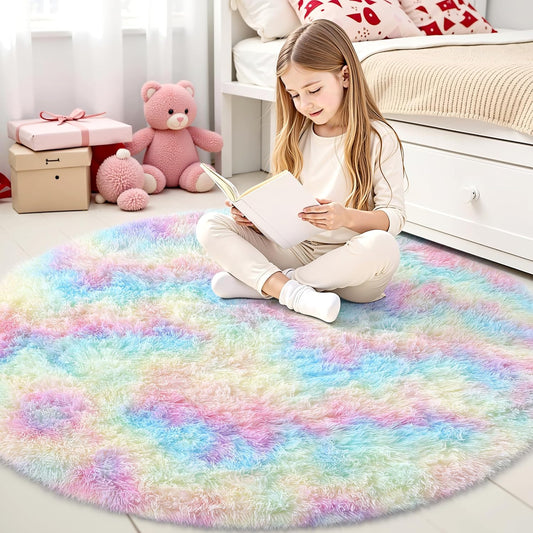 Rainbow round Rugs for Bedroom - Machine Washable, 4X4 Feet Circle Area Rugs for Living Room, Soft and Fluffy Shaggy Carpet for Teen Girls and Boys, Nursery Rooms, Dorms, Home Decor Aesthetic