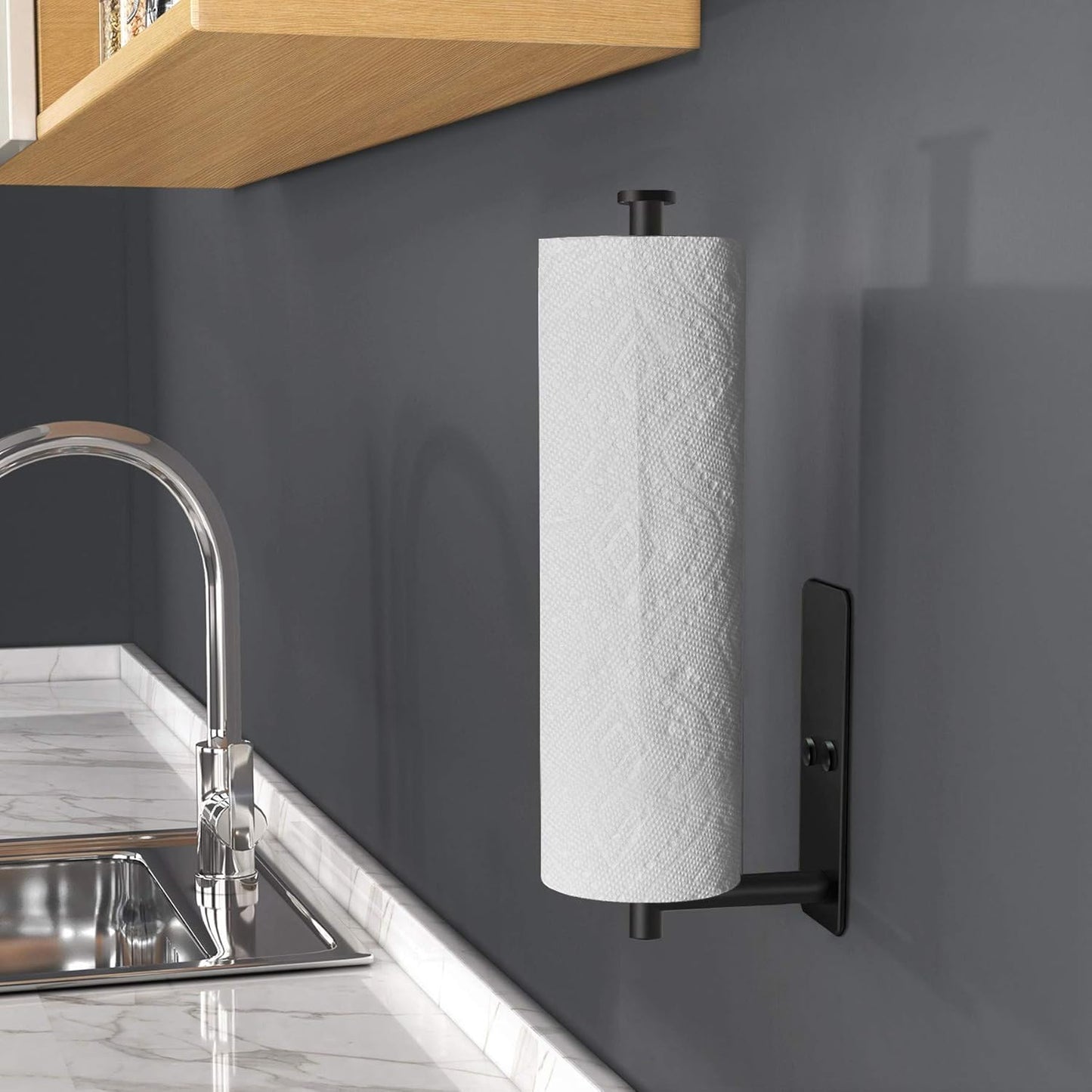 Self Adhesive Paper Towel Holder under Cabinet Mount, Wall Mount Paper Towel Roll Rack for Kitchen Cabinet, Bathroom, SUS304 Stainless Steel Black