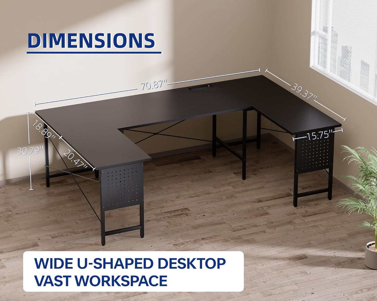 71 Inch Large Computer Desk with Power Outlets,U Shaped Corner Desk for Home Office Work and Gaming Marble